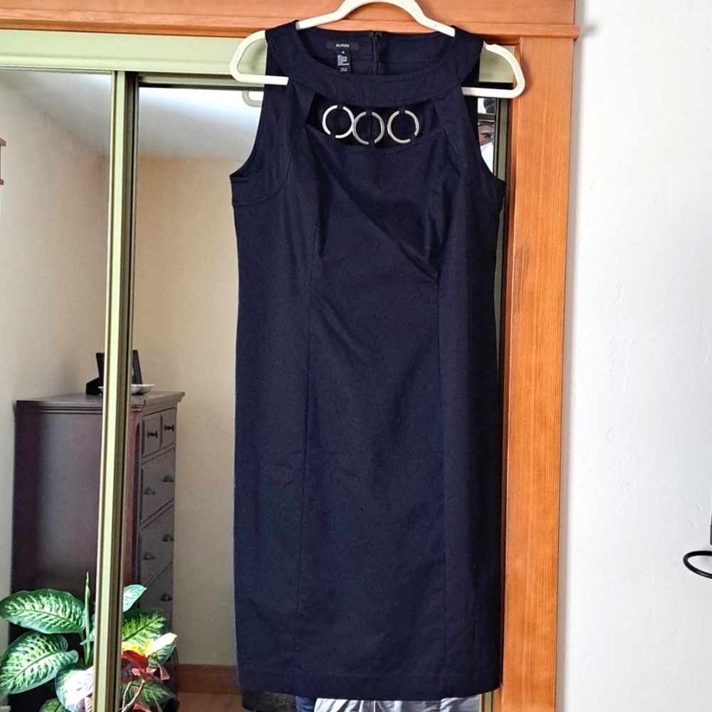 Alfani black satin dress with metal  rings. Size 10.Used.